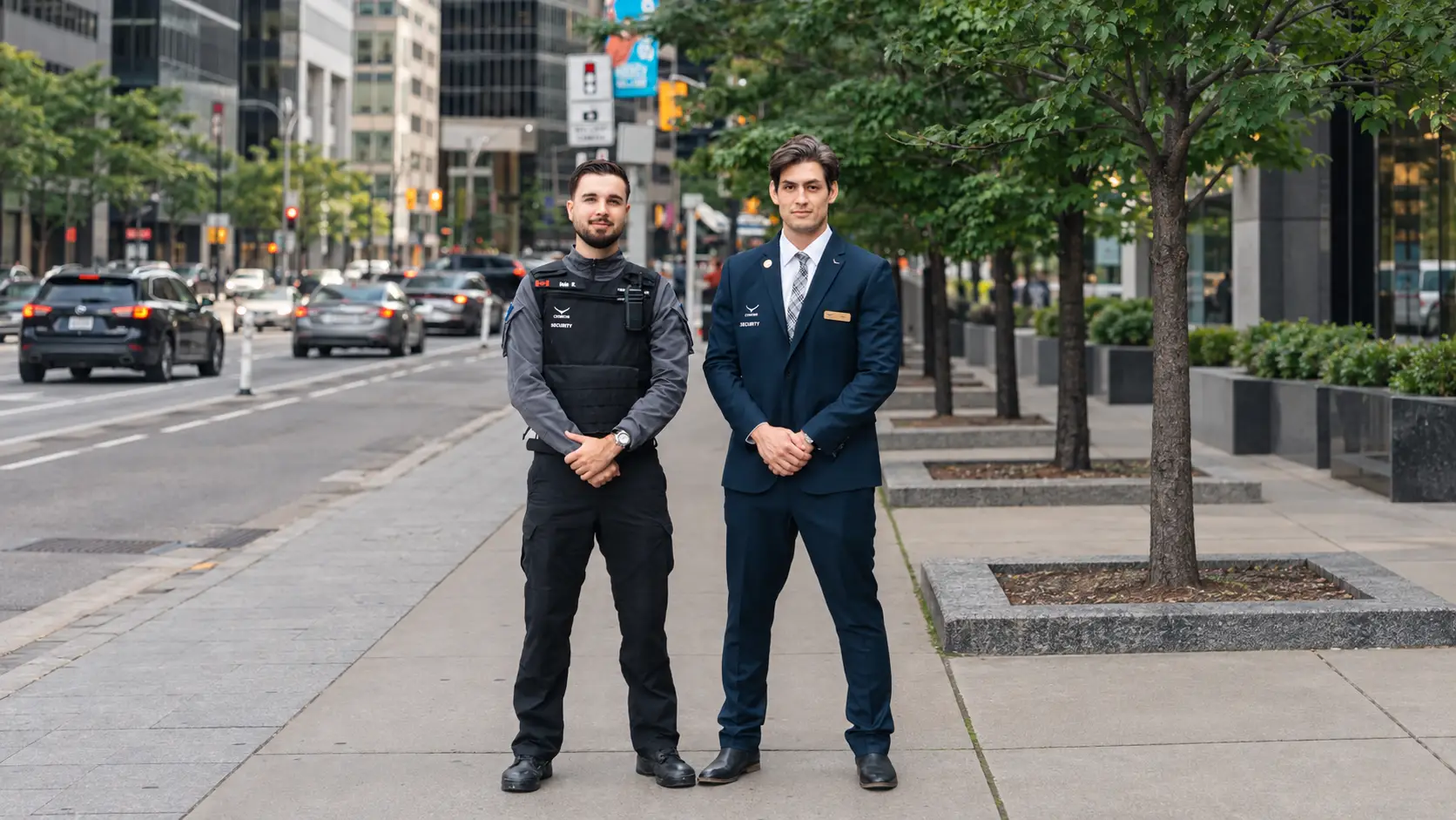 A Condor security guard and concierge standing on a downtown Toronto street